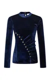Rabanne Asymmetric Buttoned Velvet Top In Blue