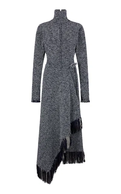 Rabanne Asymmetric Fringed Bouclé Midi Dress In Gray