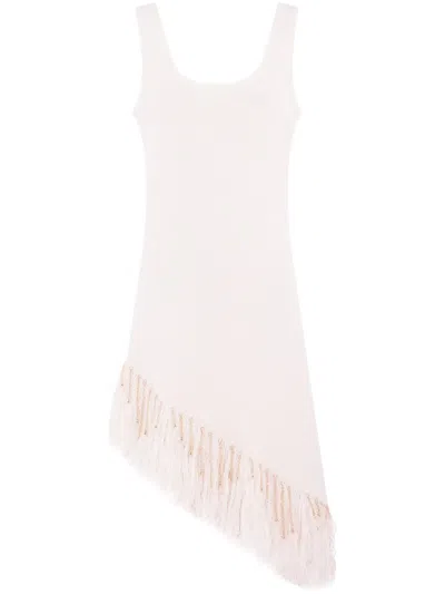Rabanne Asymmetric Fringed Linen Midi Dress In White
