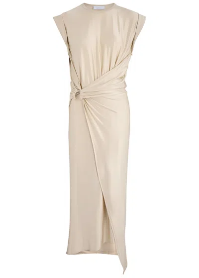 Rabanne Embellished Asymmetric Draped Satin-jersey Midi Dress In Nude