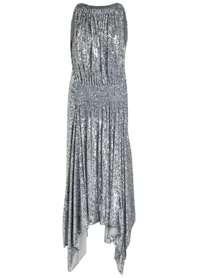 Rabanne Asymmetric Sequin Maxi Dress In Silver
