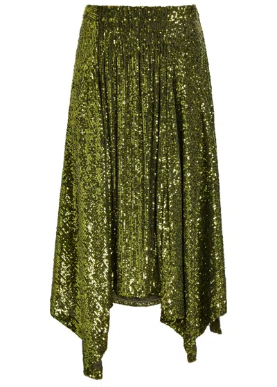 Rabanne Asymmetric Sequined Midi Skirt In Green