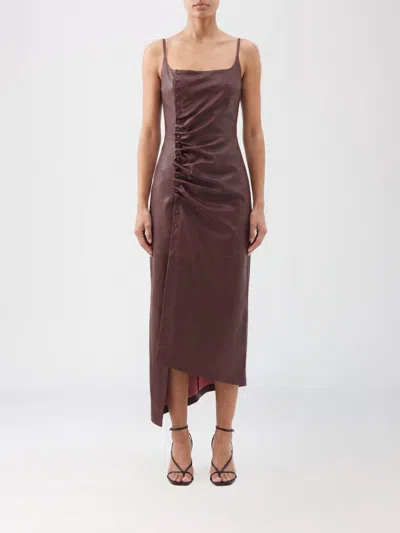 Rabanne Asymmetrical Draped Leather Midi Dress With Square Neckline In Red