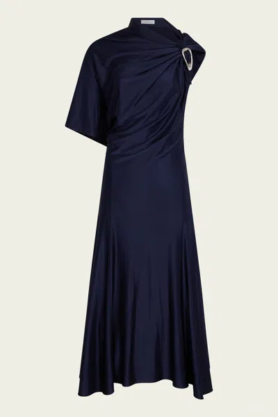 RABANNE ASYMMETRICAL DRAPED MIDI DRESS IN DEEP NAVY