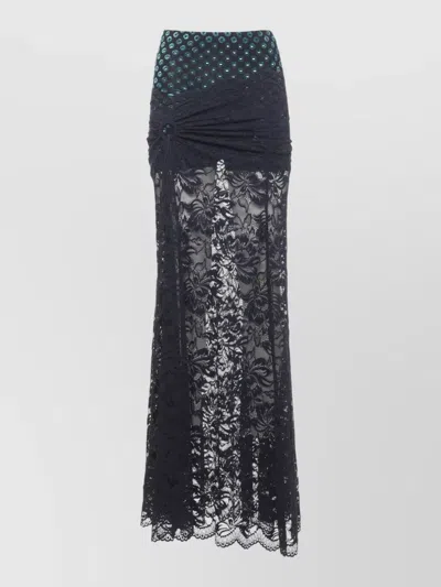 Rabanne Sheer Floral Lace Maxi Skirt With Draped Detail And Contrasting Waistband In Blue