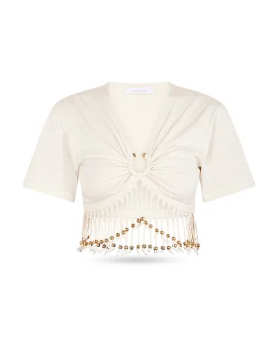 Rabanne Bead Embellished Fringe Top In White