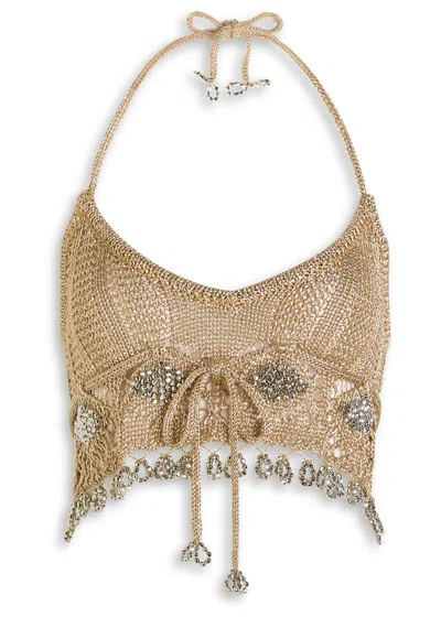 Rabanne Bead-embellished Metallic Crochet Crop Top