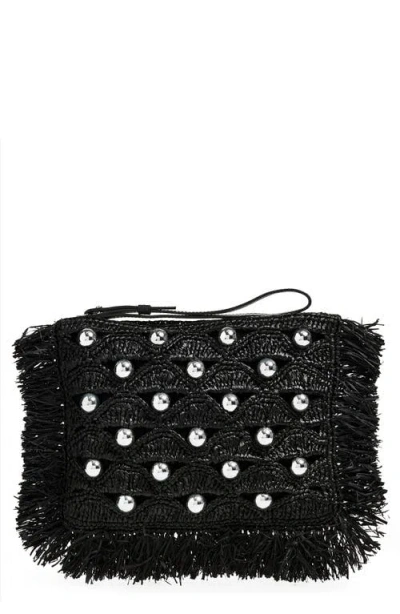 Rabanne Bead Embellished Woven Raffia Pouch Wristlet In Pink