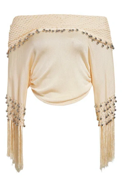 Rabanne Beaded Off The Shoulder Knit Top In Beige