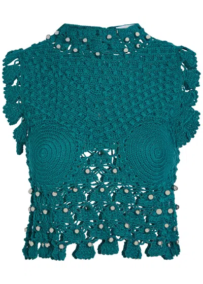 Rabanne Bead-embellished Crochet Cotton Cardigan In Green