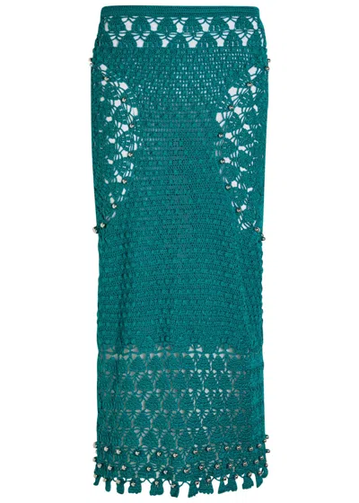 Rabanne Bead-embellished Crochet Cotton Midi Skirt In Green