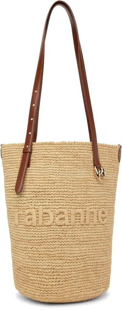 Rabanne Beige Raffia Logo Tote In P253 Shiny Beige