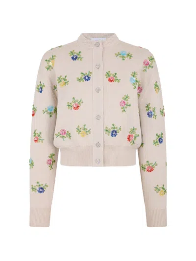 Rabanne Beige Wool Cardigan With Multicolour Floral Embroidery In Pink