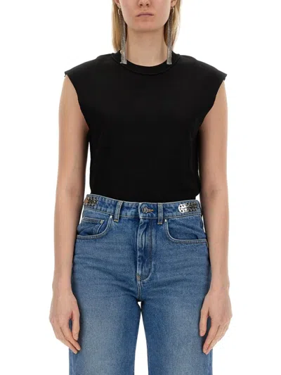 RABANNE BLACK COTTON T-SHIRT WITH STRUCTURED SLEEVES