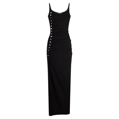 RABANNE BLACK DRAPÉ PRESSION SLEEVLESS DRESS