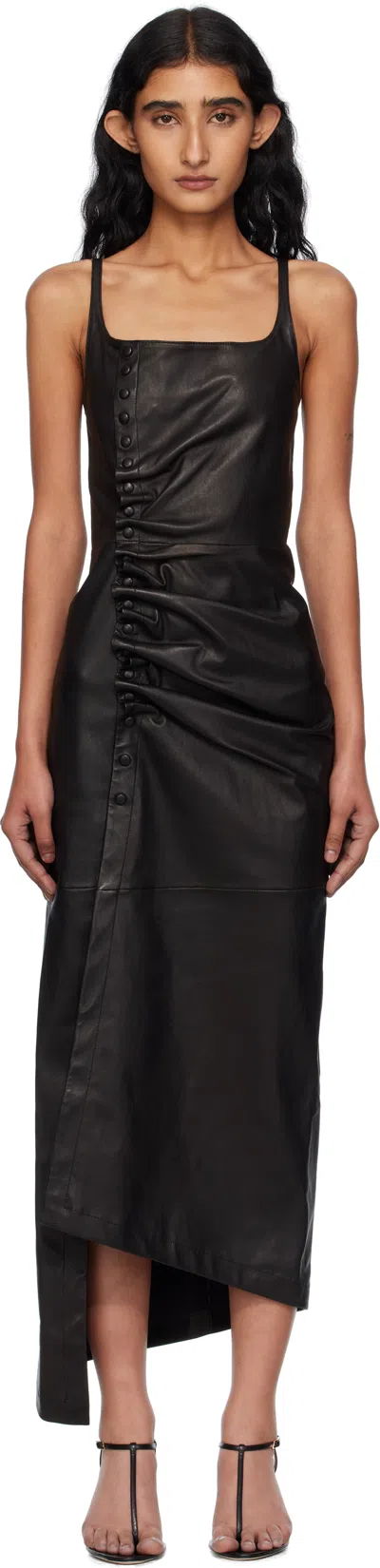 RABANNE BLACK DRAPED LEATHER MIDI DRESS