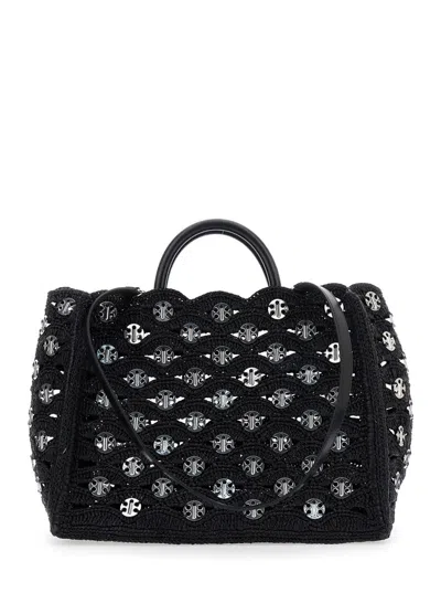 Rabanne Black Handbag With Weaving And All-over Disc Details In Raphia Woman