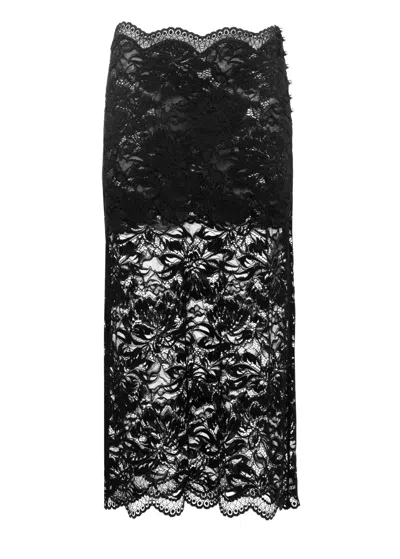 Rabanne Black Lace Midi Skirt With Scalloped Edges And Side Button Fastening