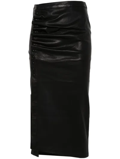 Rabanne Black Leather Gathered Midi Skirt