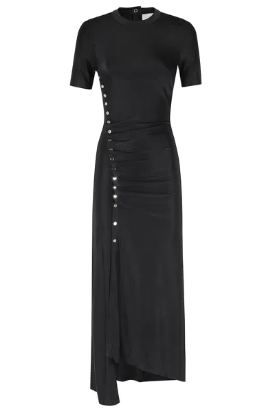 Rabanne Black Long Draped Studded Asymmetric Viscose Evening Dress