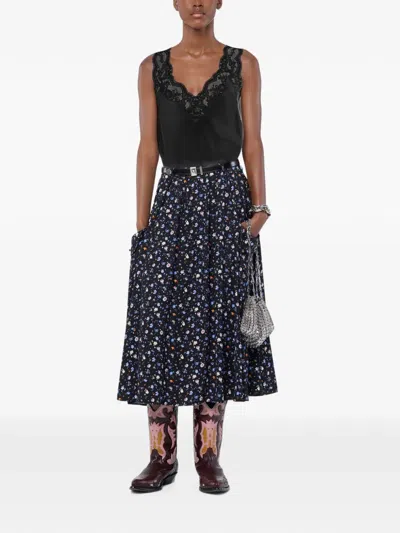 Rabanne Black Printed Crepe Midi Skirt With Signature Front Pockets In Multi
