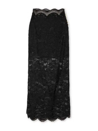 RABANNE BLACK STRETCH FLORAL LACE MIDI SKIRT