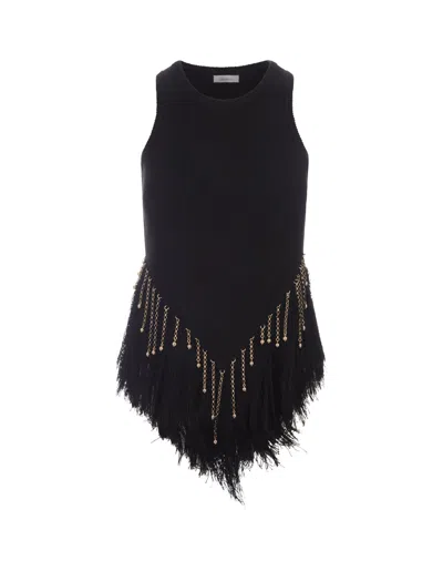 Rabanne Black Woven Top With Knitted Beads And Feathers