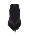 RABANNE BLACK WOVEN TOP WITH KNITTED BEADS AND FEATHERS