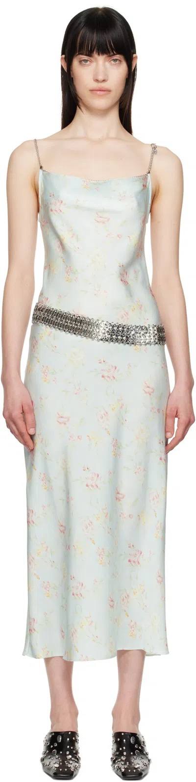 Rabanne Blue Double Satin Printed Midi Dress In V328 Water Flower /