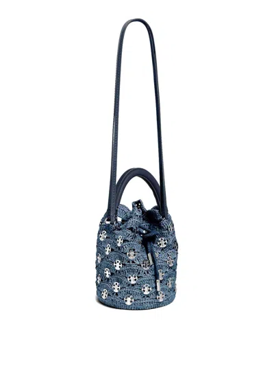 Rabanne Blue Raffia And Leather Bucket Bag In Silver