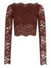 Rabanne Floral Lace Long Sleeve Cropped Top In Brown