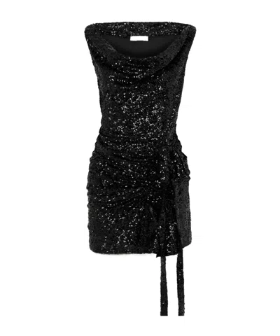 Rabanne Bow-decorated Sequined Ruffle Woven Mini Dress In Black