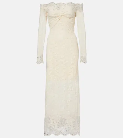 RABANNE BRIDAL EMBELLISHED OFF-SHOULDER LACE MIDI DRESS