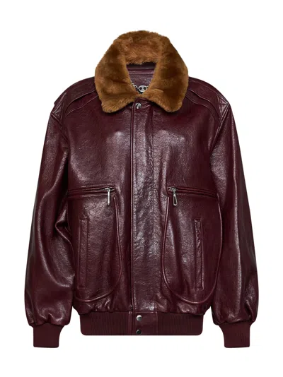 Rabanne Burgundy Textured Calf Leather Bomber Jacket In Red