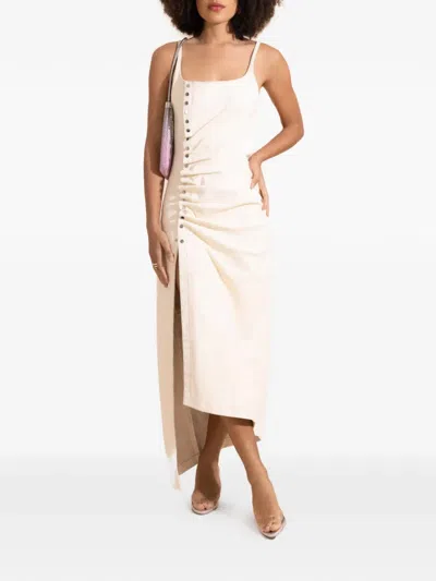 Rabanne Button Ruched Leather Midi Dress In Neutral