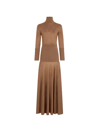 Rabanne Button-cuff Turtleneck Maxi Dress In Brown