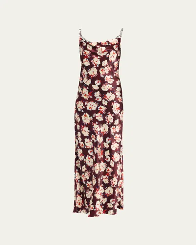 Rabanne Chain Cowl-neck Floral Satin Maxi Slip Dress In Multi