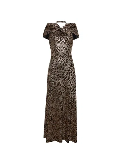 Rabanne Chain Halter Neck Gown Tiger Lurex In Brown