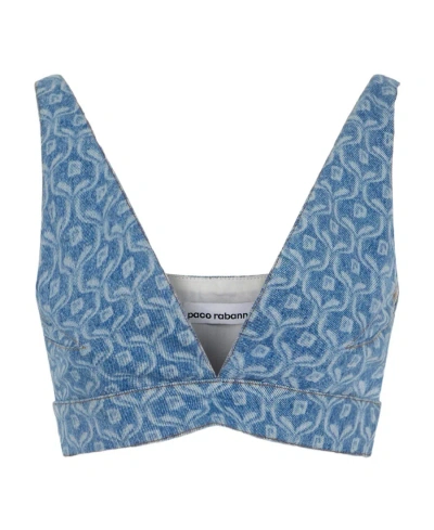 Rabanne Chain-print Cropped Denim Top In Blue
