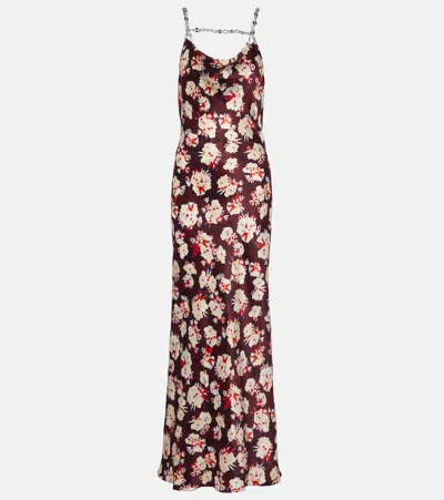 Rabanne Chain-detail Floral Silk Maxi Dress In Burgundy