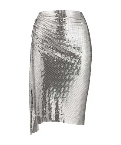 RABANNE PACO RABANNE ASYMMETRIC METALLIC RUCHED MIDI SKIRT