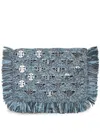 Rabanne Clutch Bag In Blue Denim Raffia And Fringes  In Blue