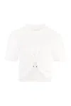 Rabanne White Crewneck Top With Short Sleeves And Ruched Cut-out On The Front In Cotton Woman In White