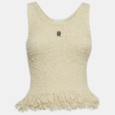 Pre-owned Rabanne Cream Knit Logo Plaque Fringed Top Xs In White