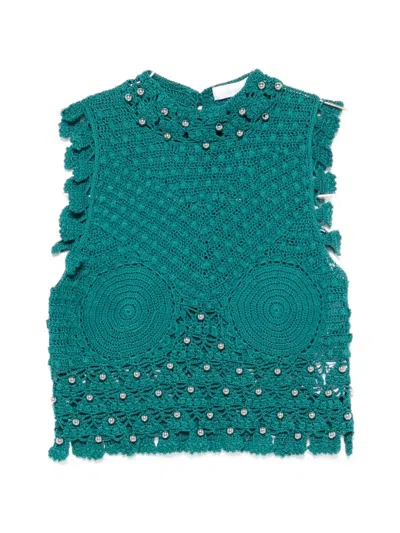 Rabanne Crochet-knit Sphere-embellished Top In Green