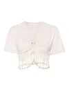 Rabanne Fringed Beaded Cotton Jersey Crop Top In Beis Claro