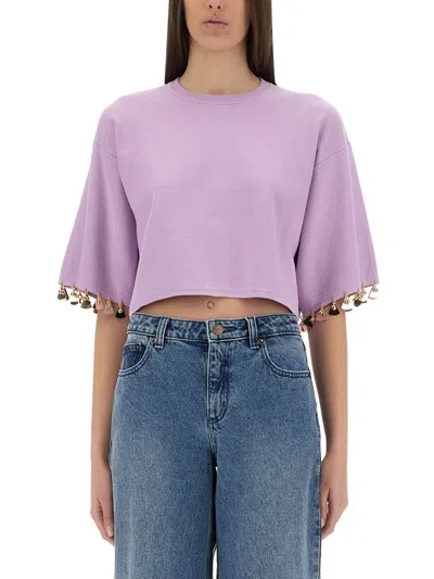 Rabanne Cropped Embellished Gathered Cotton-jersey T-shirt In Purple
