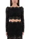 Rabanne Fitted Cropped Lace Top With Long Sleeves In Black