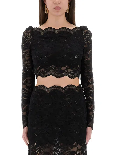 Rabanne Fitted Cropped Lace Top With Long Sleeves In Black