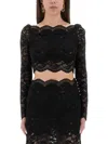 Rabanne Fitted Cropped Lace Top With Long Sleeves In Black